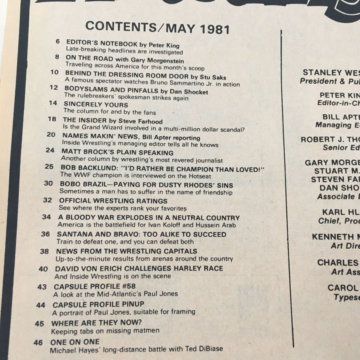Inside Wrestling Magazine May 1981 contents page highlighting features including Bob Backlund and wrestling insights. Vintage collectible.