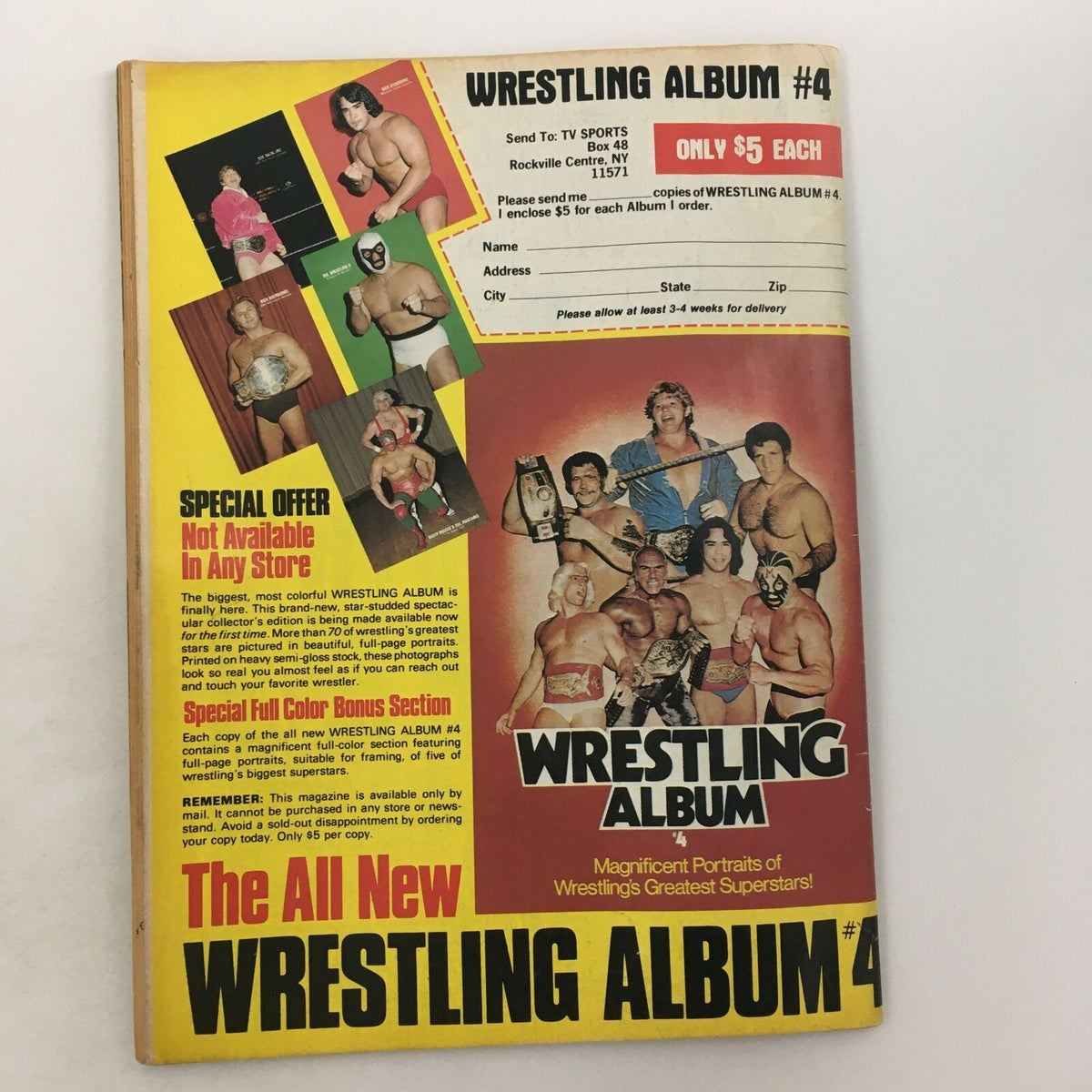 Back cover of Wrestling Album #4, showcasing wrestling stars and special offers. A nostalgic piece of wrestling memorabilia.