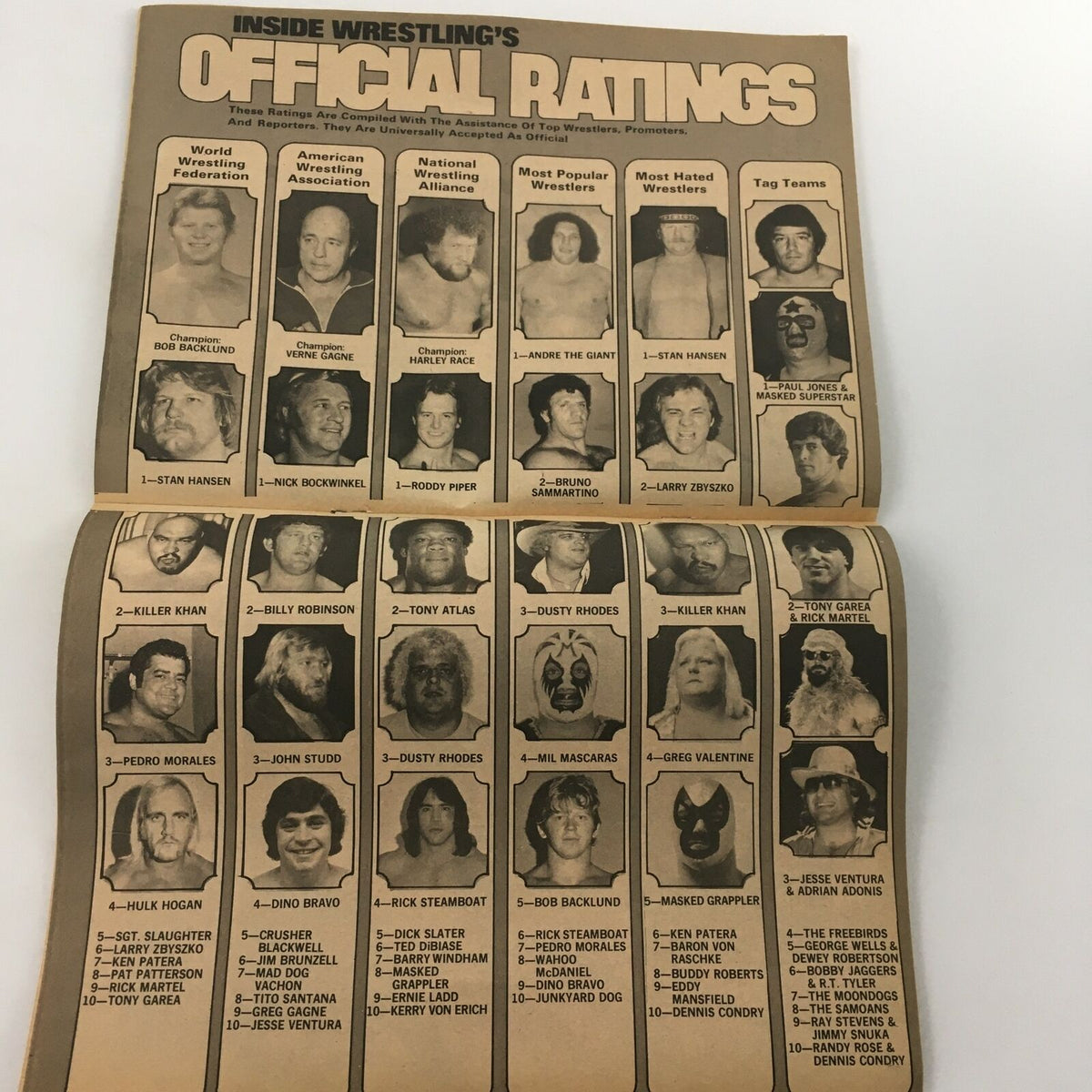 Inside Wrestling's official ratings page from May 1981, showcasing top wrestlers and their ranks in various categories. Historical wrestling reference.