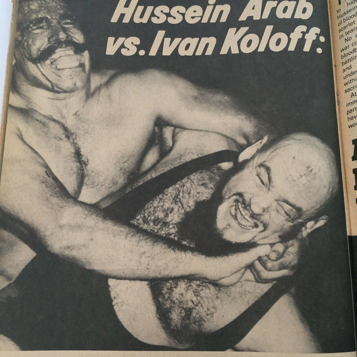 Hussein Arab grappling with Ivan Koloff in a classic wrestling match illustration from Inside Wrestling Magazine May 1981. Iconic wrestling rivalry.