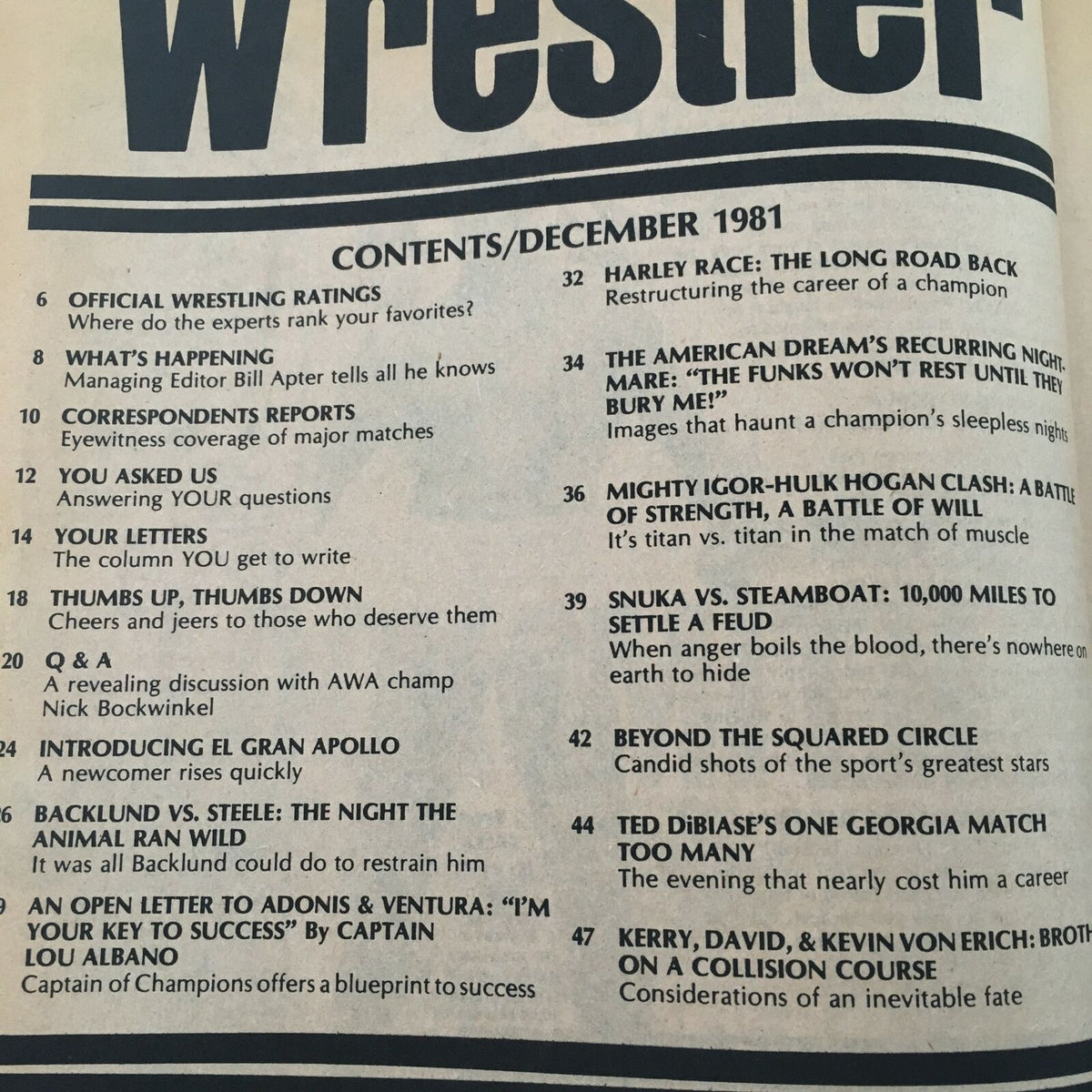 The Wrestler Magazine December 1981 contents page detailing various articles and matches, including the Mighty Igor vs. Hulk Hogan clash, reflecting the magazine's coverage of the wrestling world.