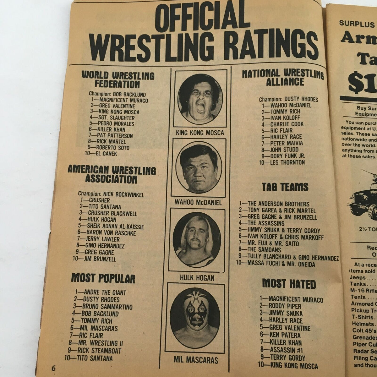 Interior page of The Wrestler Magazine December 1981 showing official wrestling ratings, highlighting prominent wrestlers including Hulk Hogan.