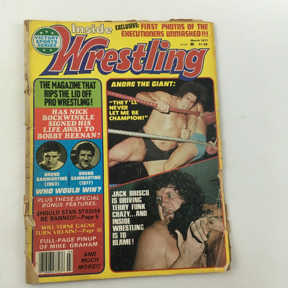 Cover of Inside Wrestling Magazine March 1977 featuring Andre the Giant and Jack Brisco, showcasing wrestling highlights and key articles about legends of the sport.