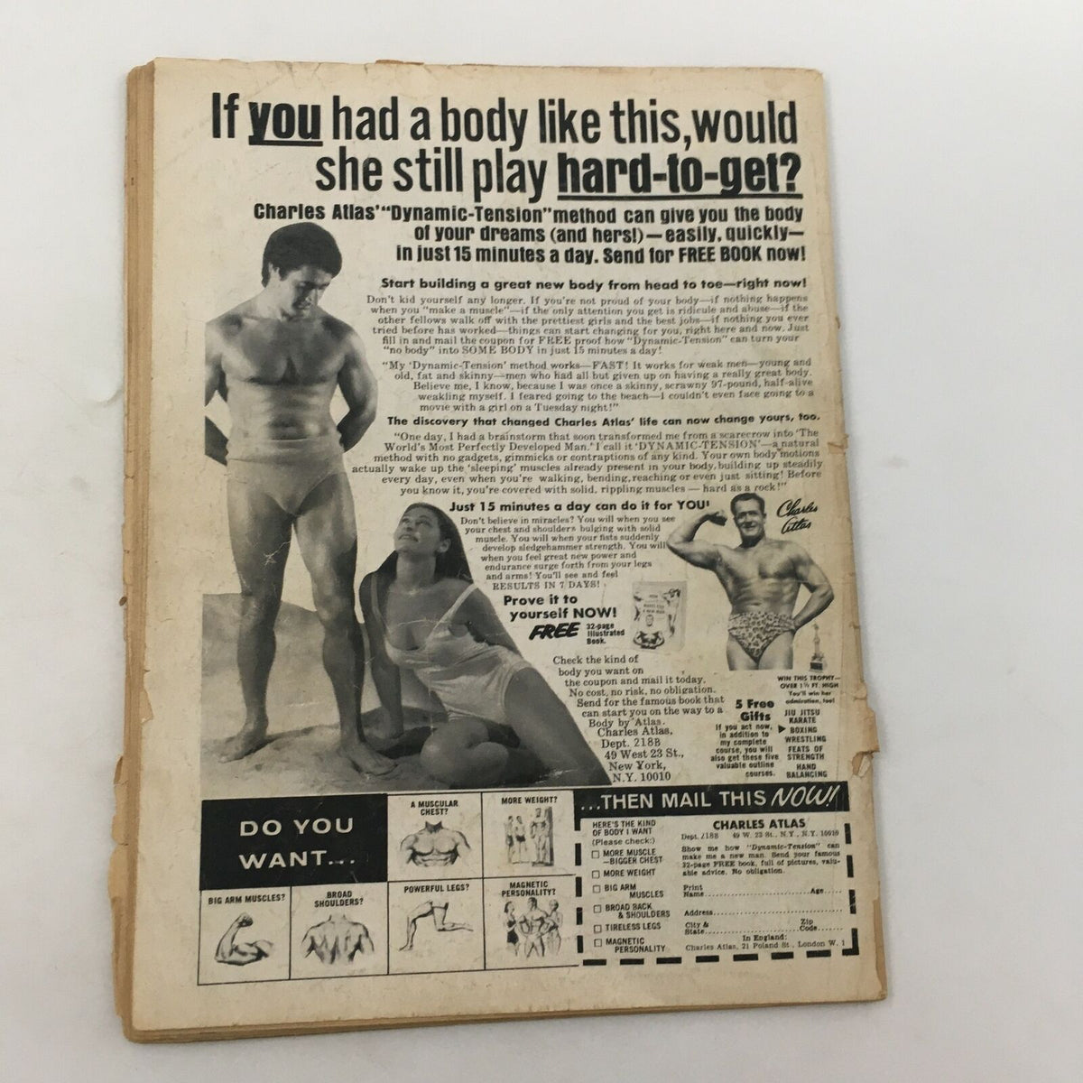 Back cover of Inside Wrestling Magazine March 1977, promoting Charles Atlas fitness program with an advertisement featuring a muscular model.