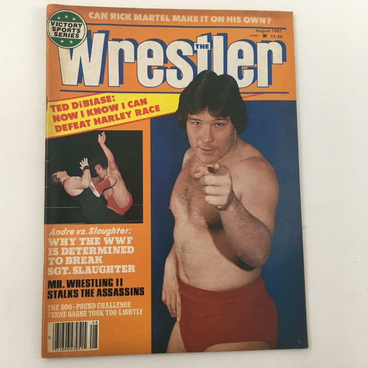 The Wrestler Magazine August 1981 cover featuring Ted DiBiase in wrestling gear, highlighting his match against Sgt. Slaughter along with Andre the Giant.