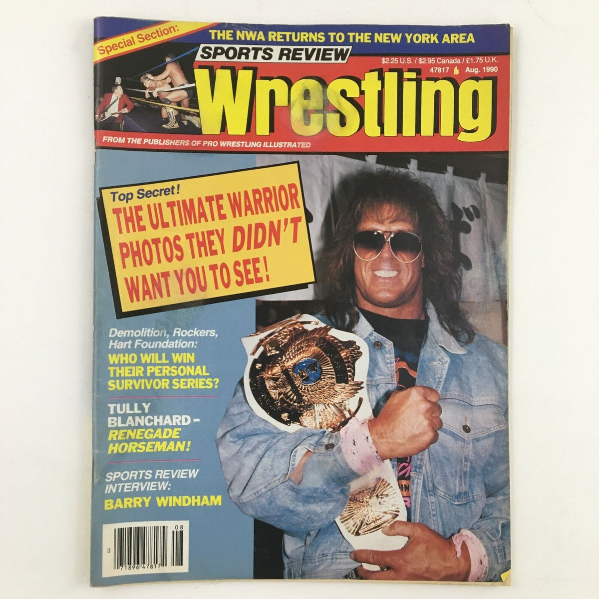 Cover of Sports Review Wrestling Magazine August 1990 featuring Tully Blanchard and Barry Windham, showcasing wrestling highlights and thematic promotions.