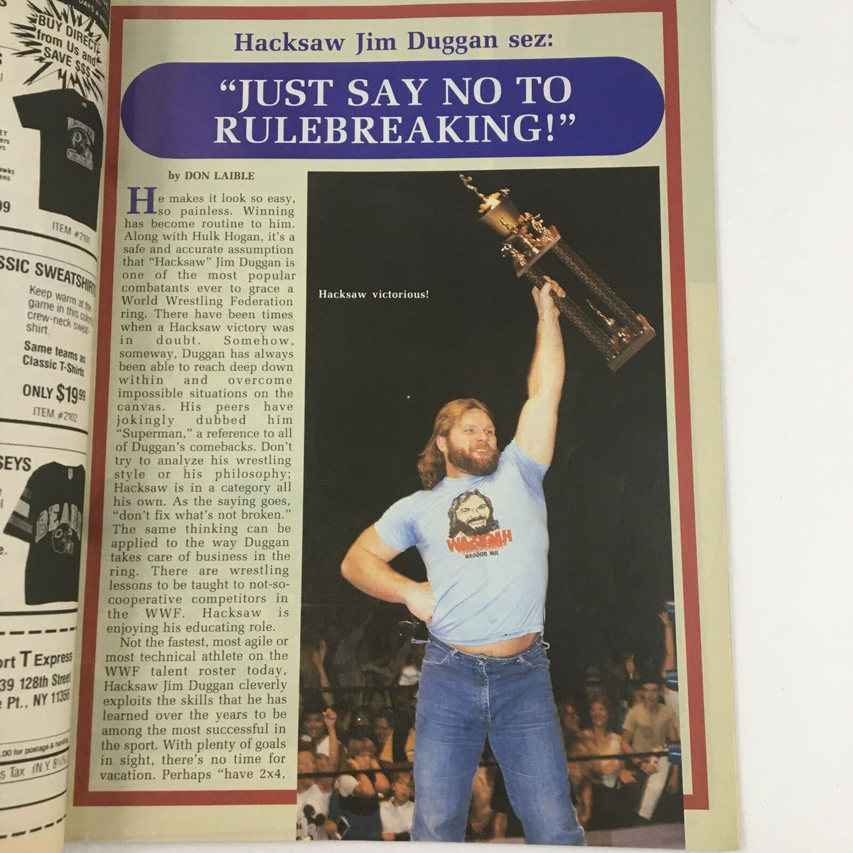 Inside page of Superstar Wrestlers Magazine July 1990 showcasing Hacksaw Jim Duggan with the trophy, emphasizing his victorious mindset and contributions to wrestling.