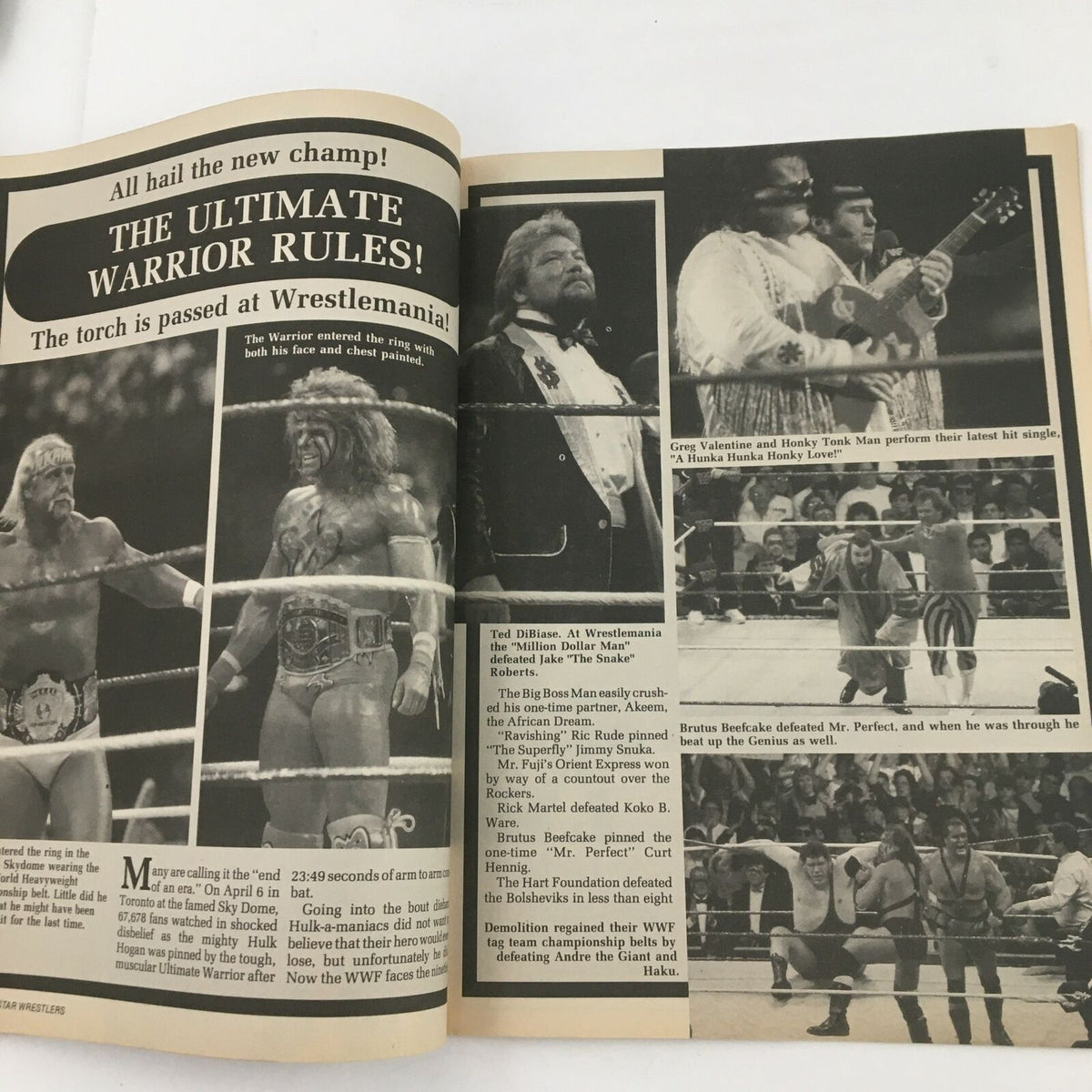 Superstar Wrestlers Magazine July 1990 featuring The Ultimate Warrior with images from WrestleMania, highlighting key matches and wrestling legends.