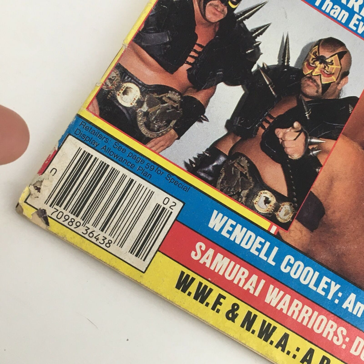 Back cover of Wrestling World Magazine February 1988 showcasing The Road Warriors along with product details and a barcode.