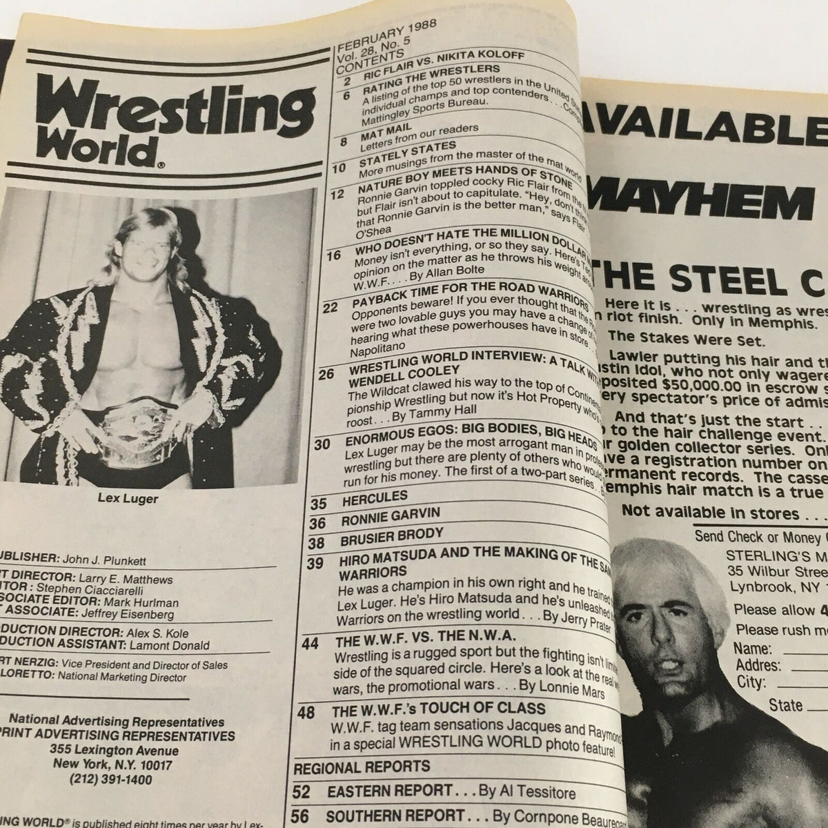 Interior page of Wrestling World Magazine February 1988 displaying an article list and a photo of Lex Luger, a central figure in wrestling history.