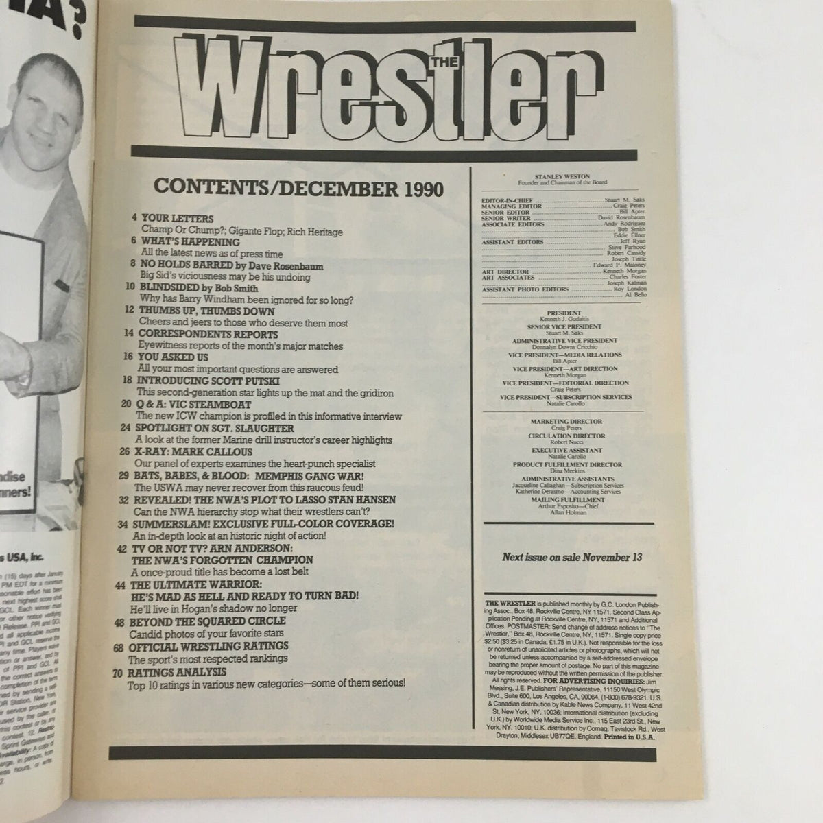 Inside page of The Wrestler Magazine December 1990 detailing the contents including stories and interviews related to wrestling.