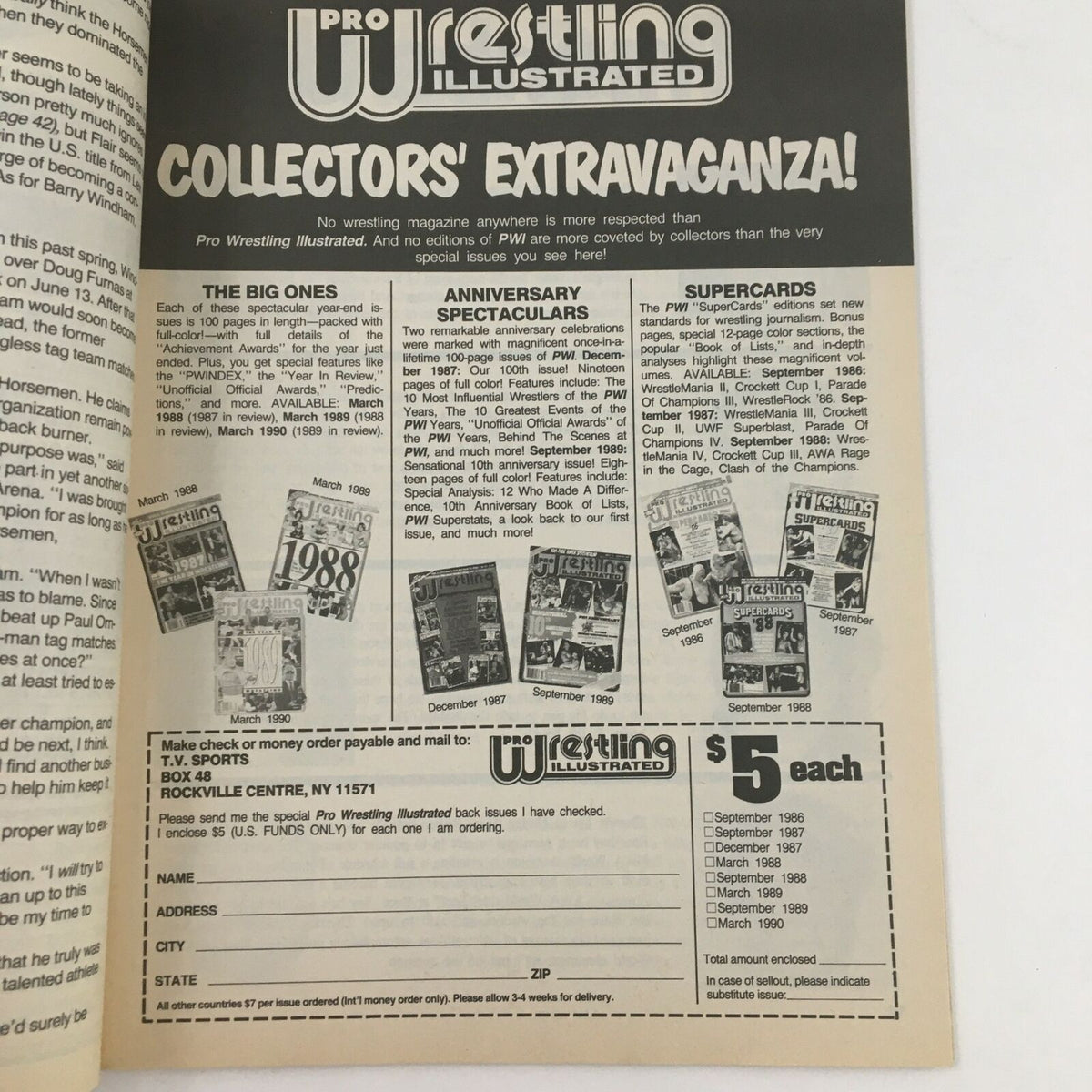 Promotional page from The Wrestler Magazine December 1990 featuring collector's items and back issues of Pro Wrestling Illustrated.