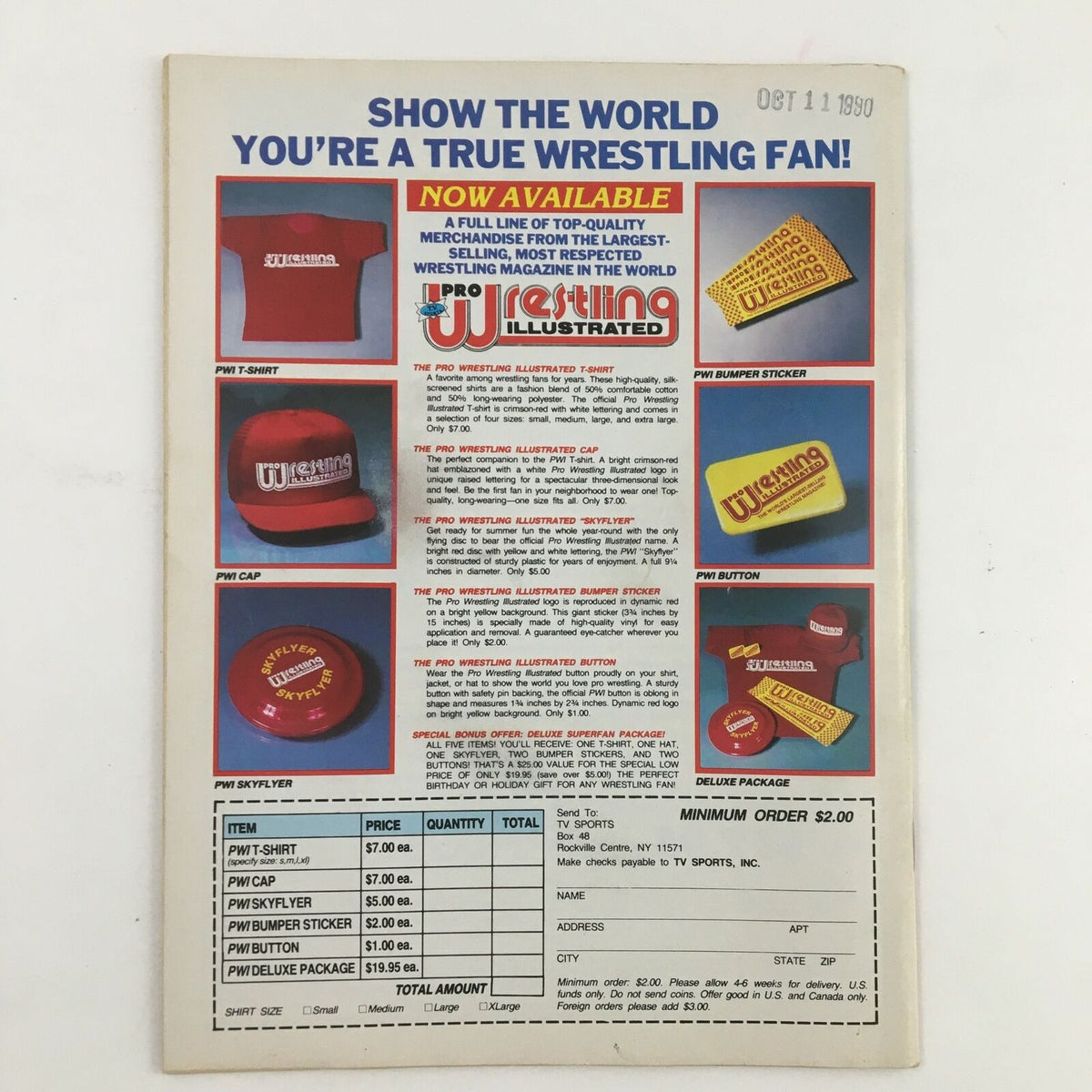 Back cover of The Wrestler Magazine December 1990 showcasing merchandise including t-shirts and buttons for wrestling fans.
