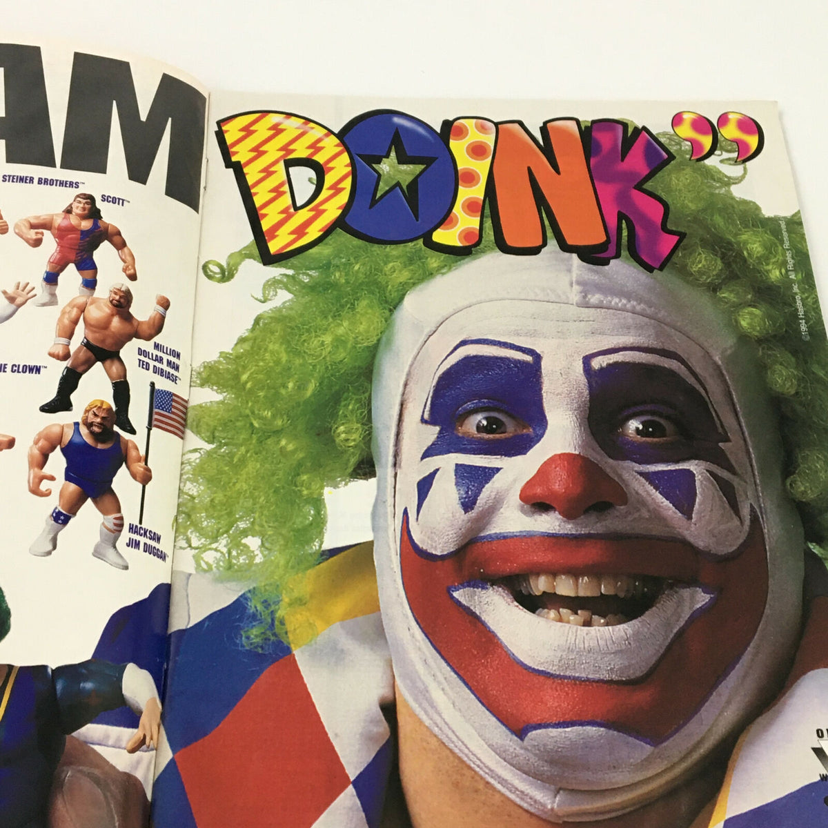 Close-up of Doink the Clown featured in WWF Magazine July 1994 with colorful clown makeup and costume.