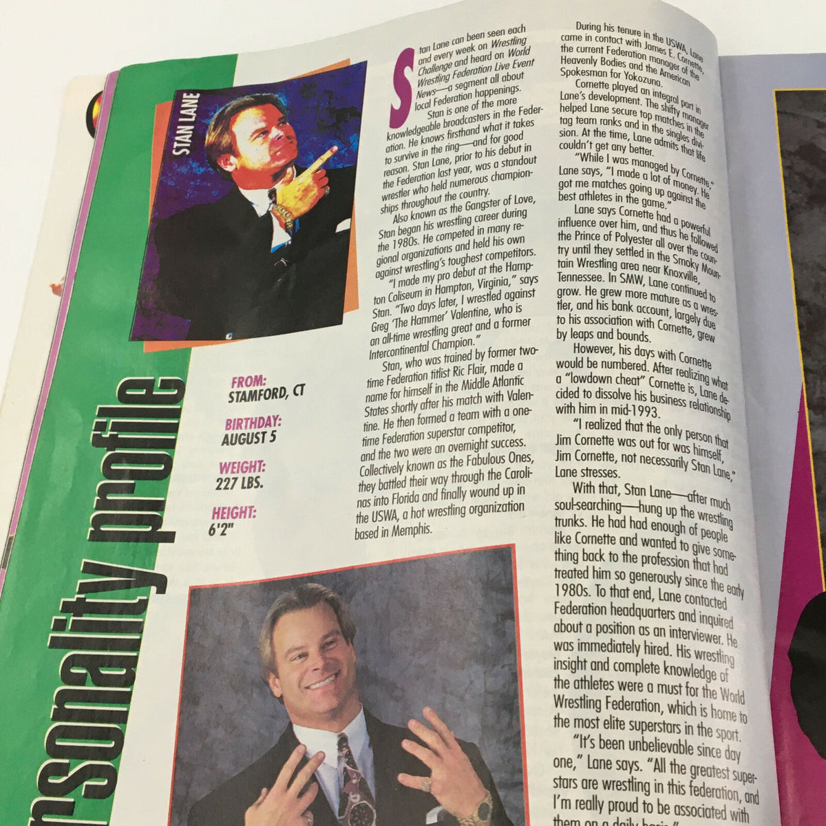 WWF Magazine July 1994 personality profile on Stan Lane featuring biographical information such as height, weight, and place of origin.