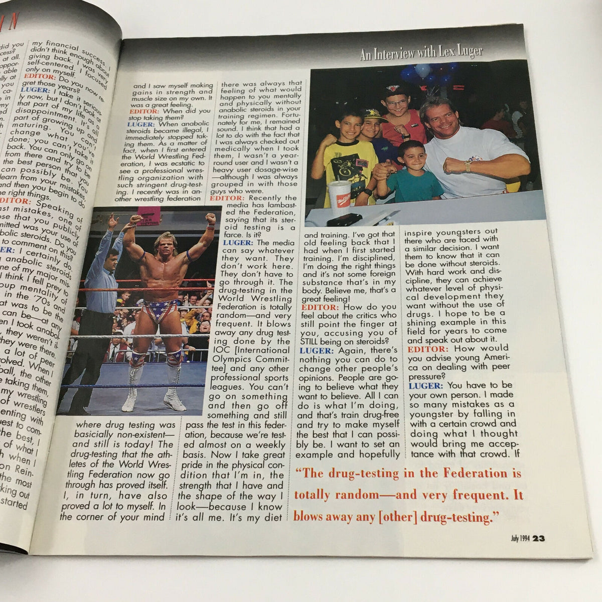 WWF Magazine July 1994 interview with Lex Luger discussing diet, training, and his experiences in the World Wrestling Federation.