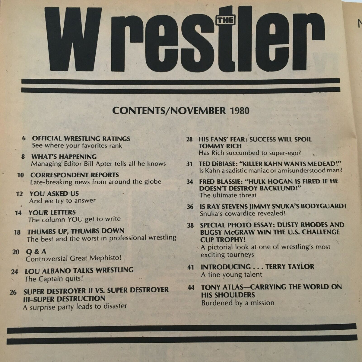 Contents page of The Wrestler Magazine November 1980, listing articles and features including Hulk Hogan, Tommy Rich, and wrestling updates.
