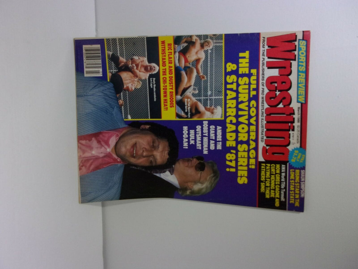 Cover of Sports Preview Wrestling magazine from March 1988 featuring Andre The Giant and Ric Flair, showcasing vibrant colors and iconic wrestling imagery.