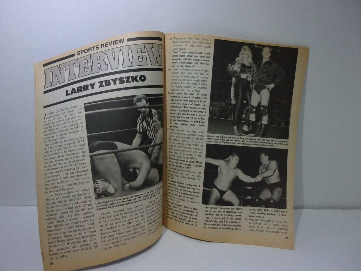 Inside pages of Sports Preview Wrestling magazine featuring an interview with wrestling personality Larry Zbyszko, accompanied by black-and-white photographs.