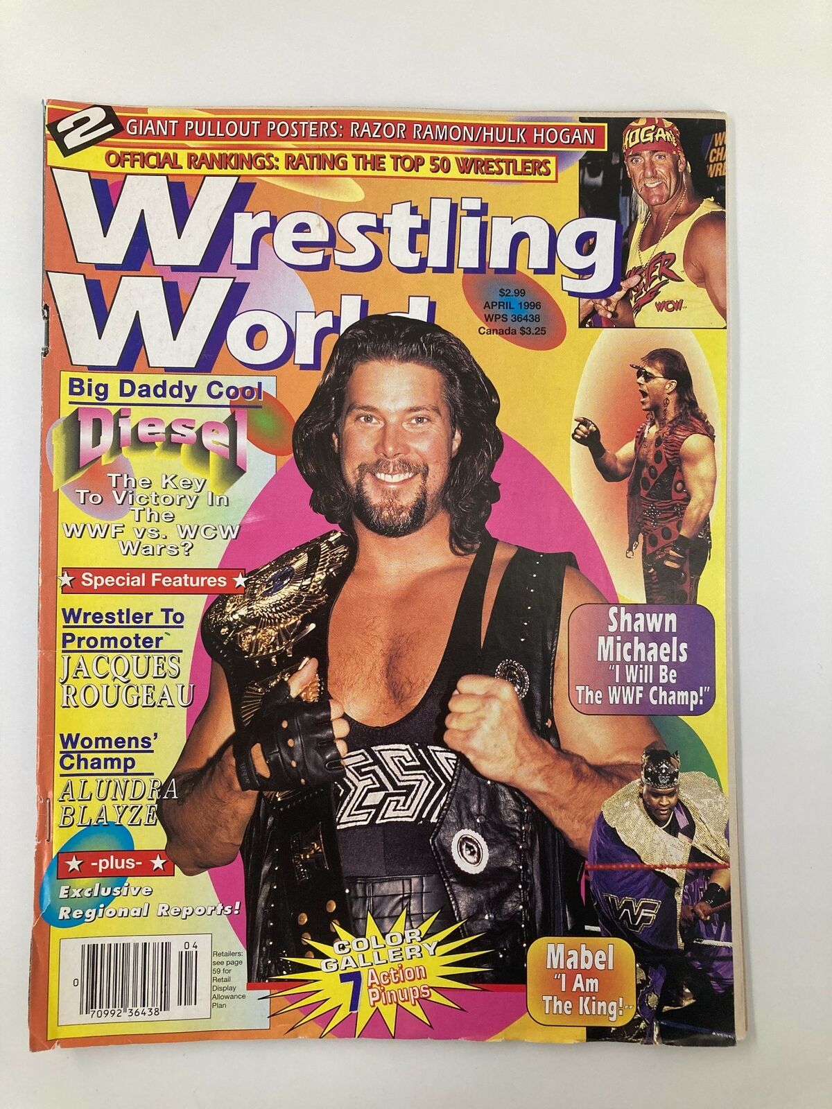 Wrestling World April 1996 issue featuring Razor Ramon, Hulk Hogan, and Shawn Michaels on the cover, showcasing a vintage wrestling magazine with colorful graphics and iconic wrestlers.