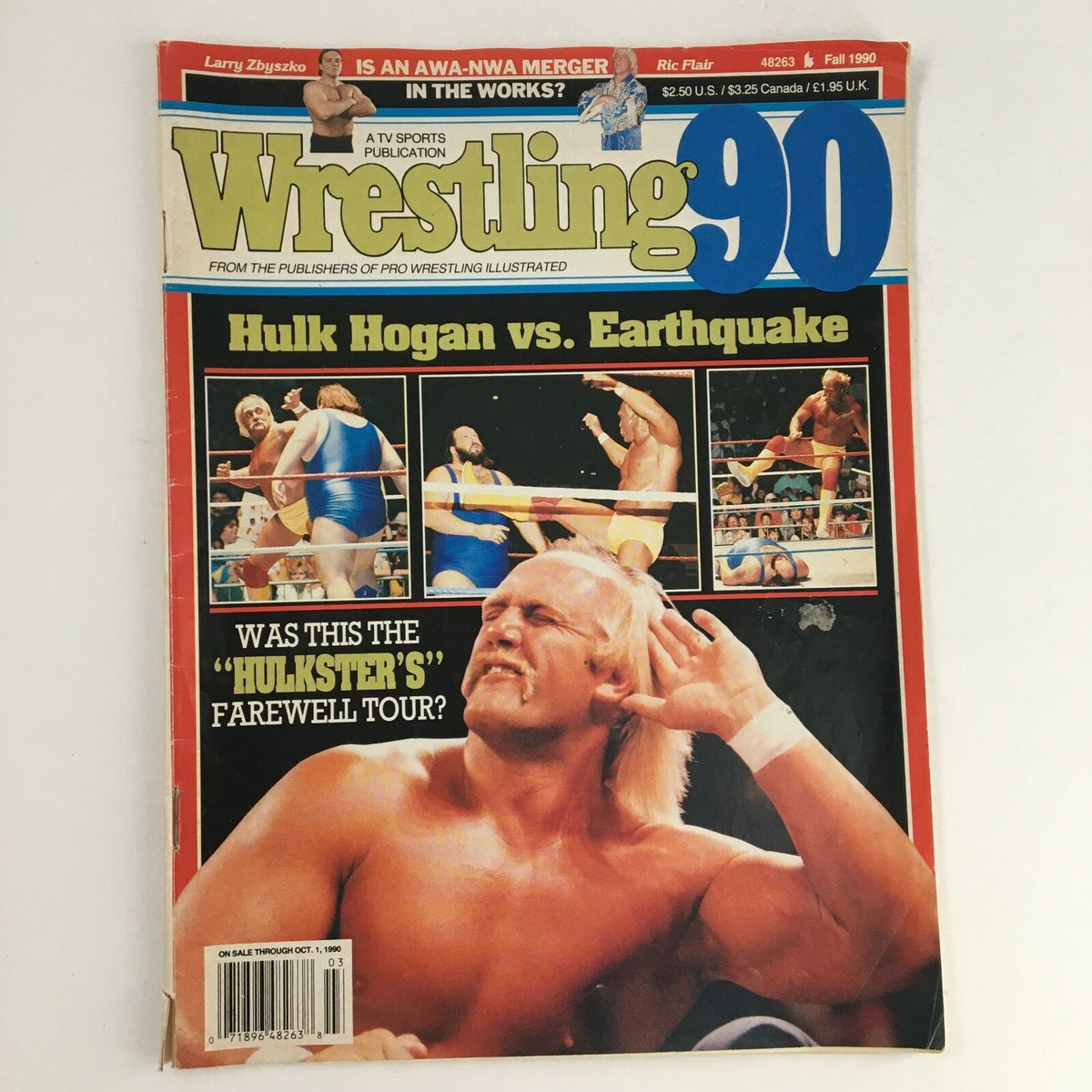 Wrestling Magazine Fall 1990 featuring Hulk Hogan vs The Earthquake on the cover, showcasing intense wrestling action imagery.