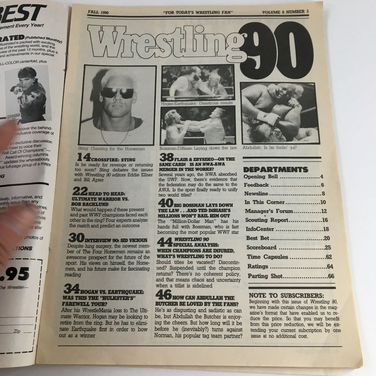 Interior page of Wrestling Magazine Fall 1990 with a table of contents and highlights including Hulk Hogan vs The Earthquake matchup.
