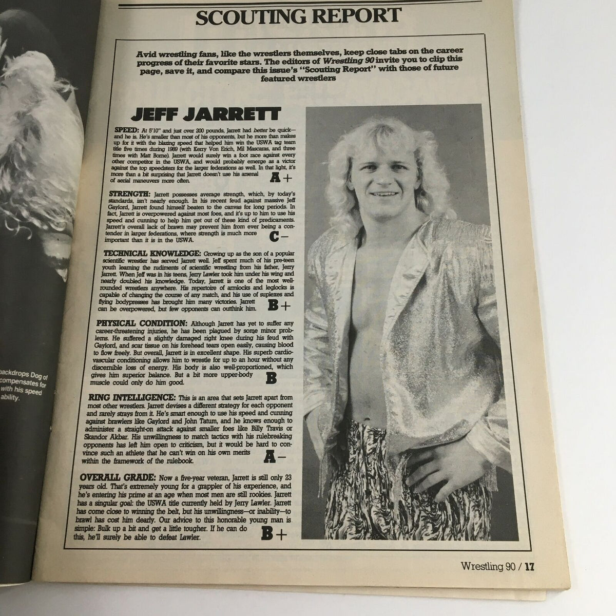 Scouting report page from Wrestling Magazine Fall 1990, featuring wrestler Jeff Jarrett and his performance analysis.