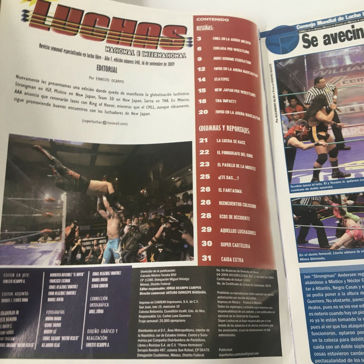 Inside page of Super Luchas Magazine November 2009 showcasing the editorial section and articles related to wrestling events, emphasizing upcoming matches and interviews.