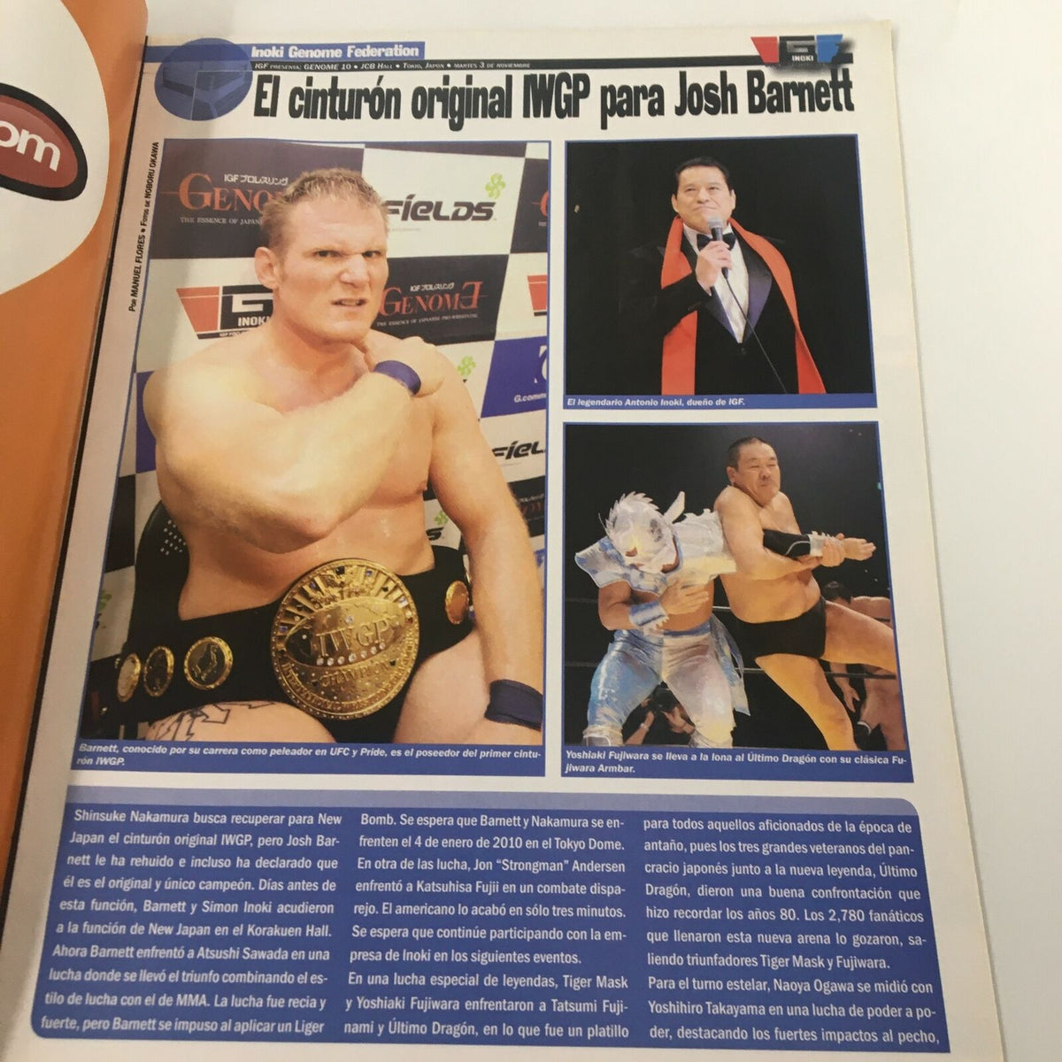 Image from Super Luchas Magazine November 2009 featuring Josh Barnett with the original IWGP championship title, along with highlighted moments from wrestling events.