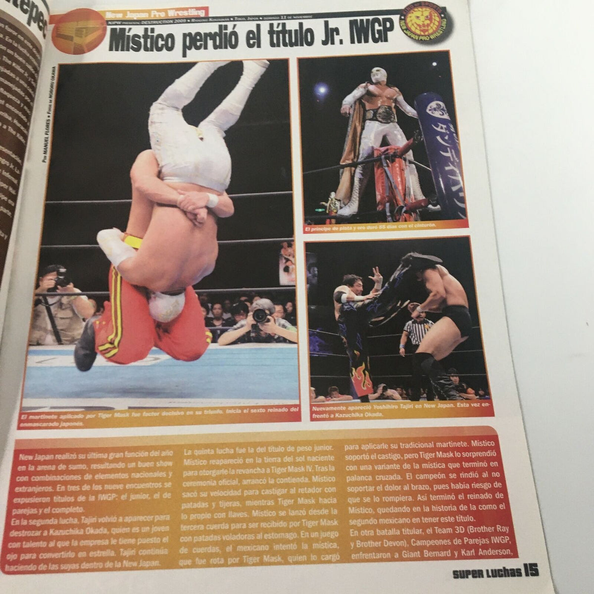 Image from Super Luchas Magazine November 2009 depicting Místico losing the IWGP Jr. title, showcasing key moments from the wrestling match.