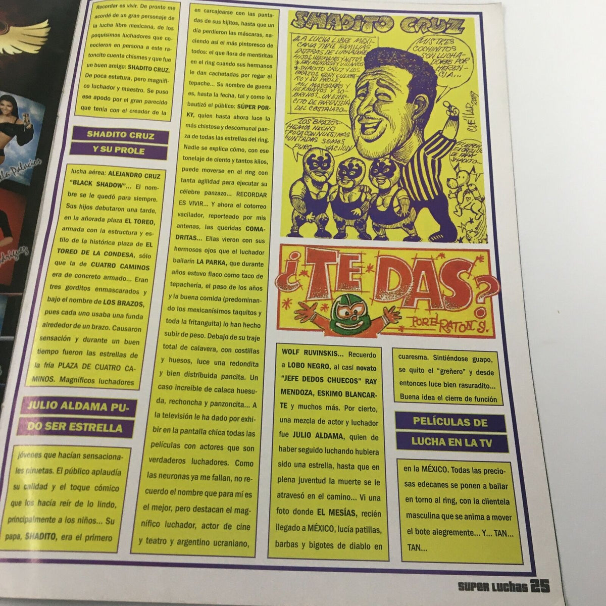 Image from Super Luchas Magazine November 2009 featuring an article about wrestler Shadito Cruz, alongside colorful graphics related to wrestling culture.