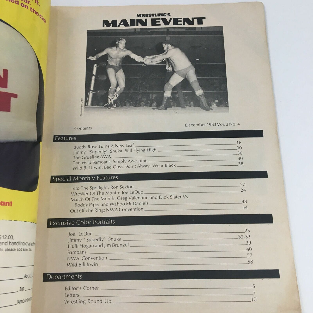 Table of contents page from Wrestling's Main Event December 1983 listing features on Joe LeDuc, Jimmy Snuka, and other wrestling highlights.