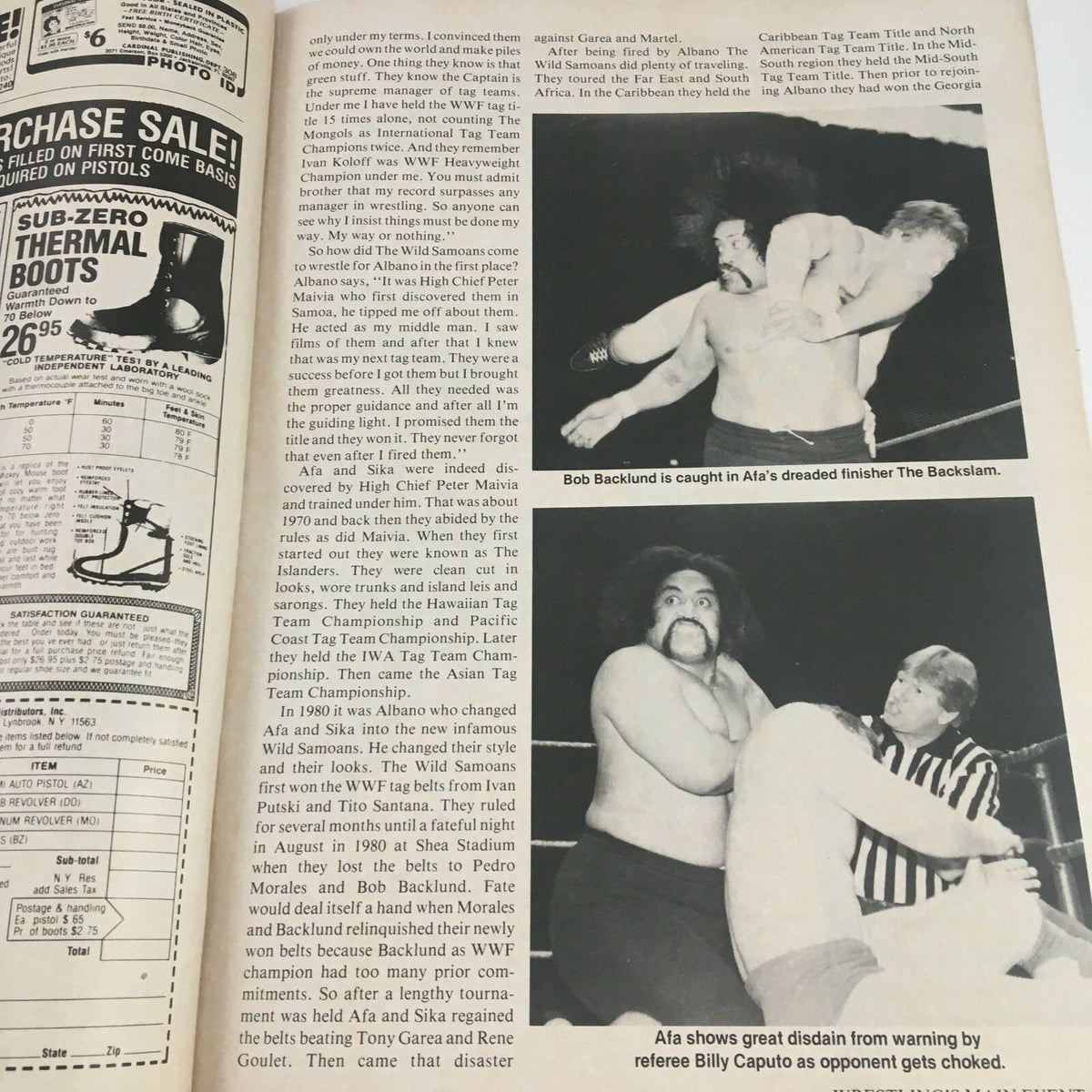 Wrestling's Main Event December 1983 showcasing Bob Backlund caught in Afa's finisher, The Backslam, during a professional wrestling match.