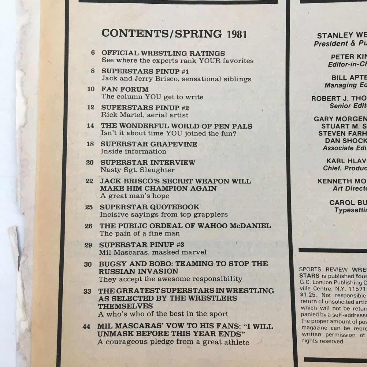 Table of contents for Wrestling Super Stars Magazine Spring 1981, listing articles and features including wrestling ratings, interviews, and pinup sections.