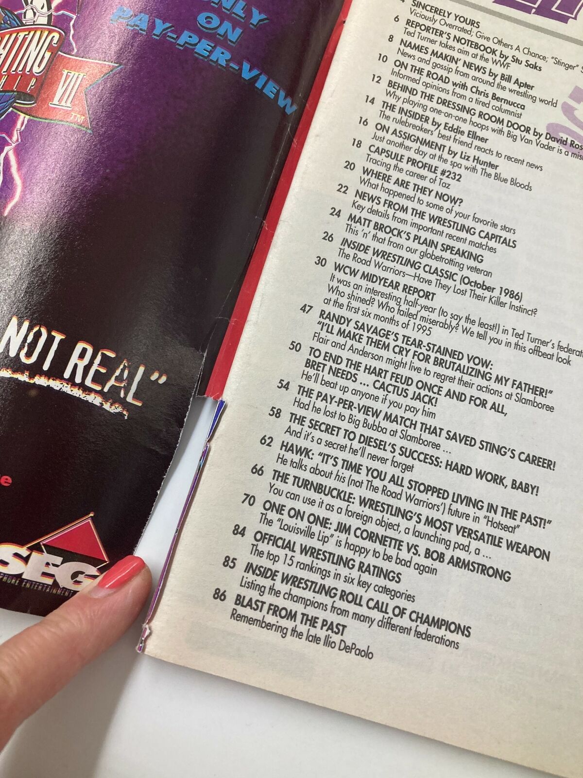 Interior page from Inside Wrestling Magazine October 1995 displaying the Table of Contents, outlining various features and articles about wrestling.