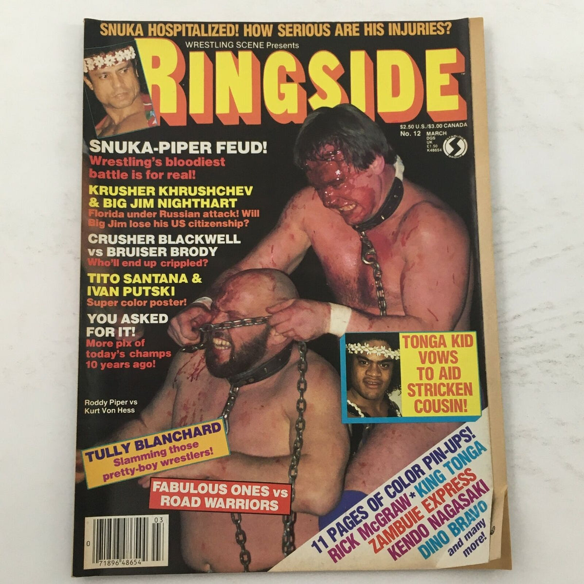 Cover of Ringside Magazine #12 from March 1985 featuring Krusher Khrushchev and Big Jim Nighthart, highlighting wrestling events and personalities of the era.