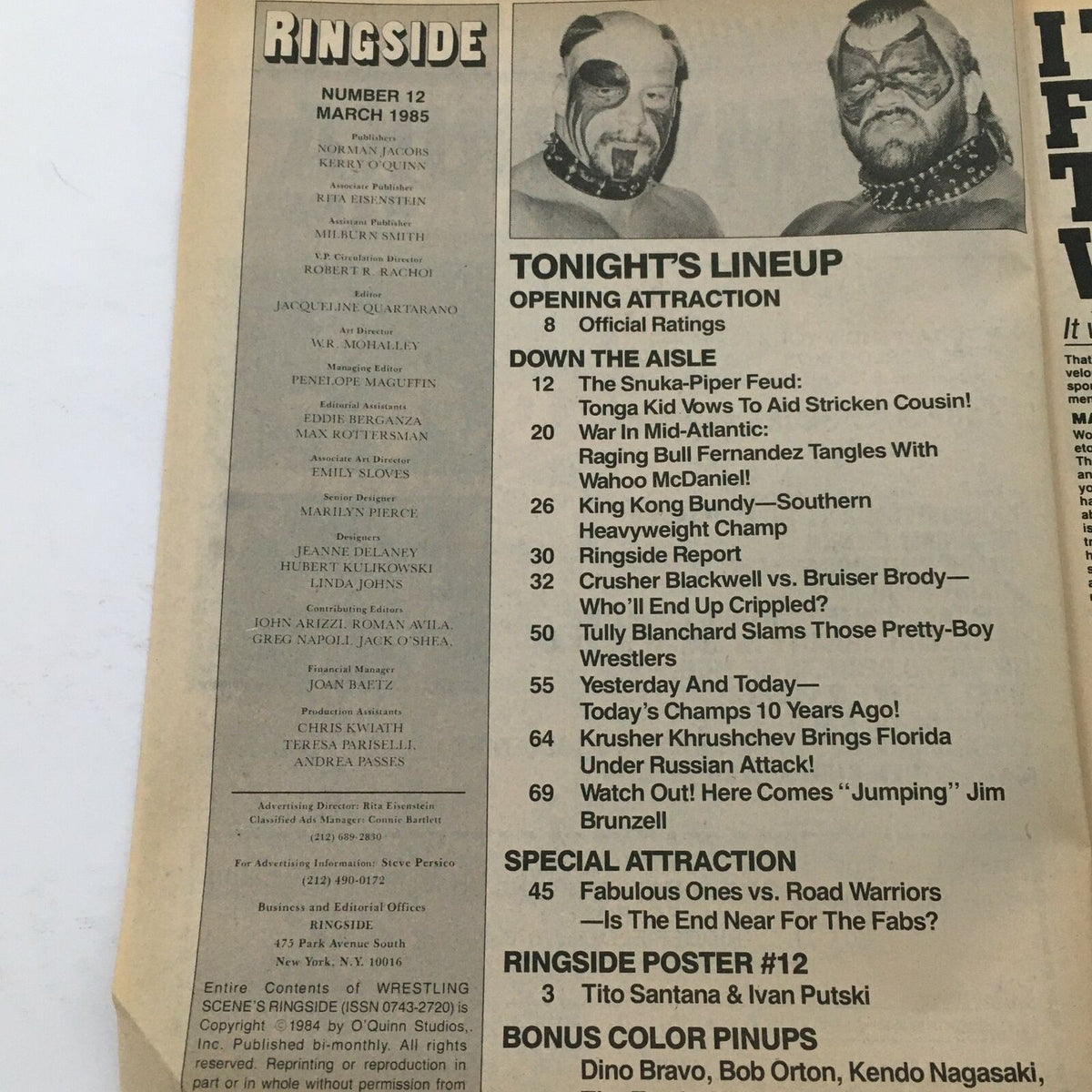 Inside page of Ringside Magazine #12 showing the lineup for the wrestling event, featuring notable matches and wrestlers from March 1985.