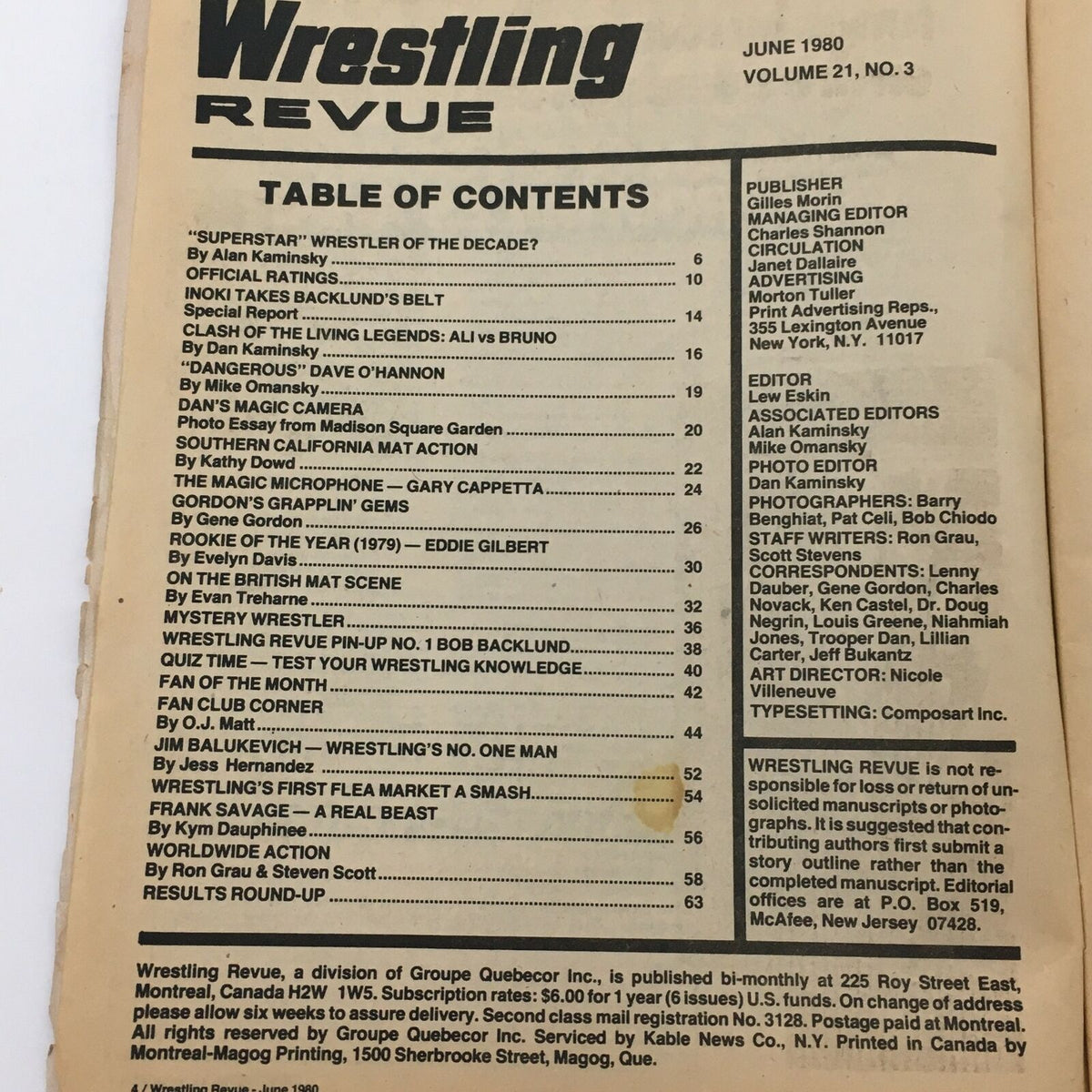 Table of contents page from Wrestling Revue Magazine June 1980, outlining features including the famous Sammartino vs. Ali match and various articles about wrestling history.
