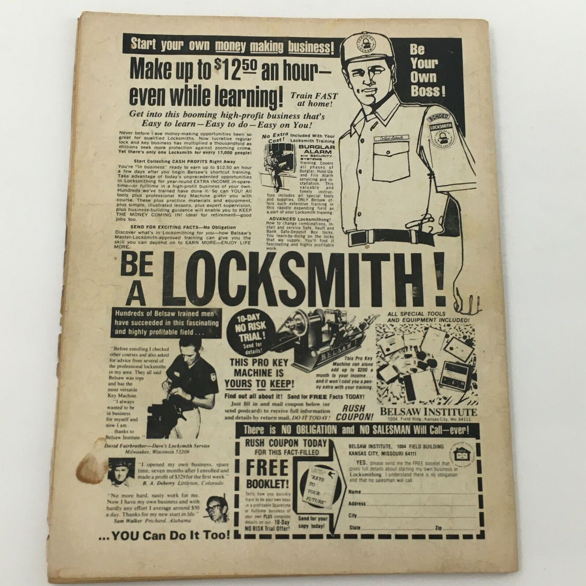 Back page advertisement from Wrestling Revue Magazine June 1980 promoting locksmith training services, reflecting the varied content found within this vintage magazine.