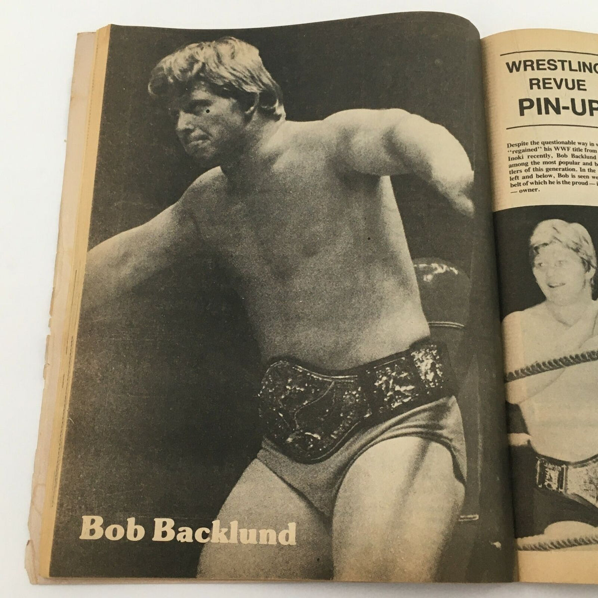 Image of Bob Backlund featured in Wrestling Revue Magazine June 1980, showcasing the wrestling champion in action, wearing his title belt, and embodying the era of professional wrestling that captivated fans.
