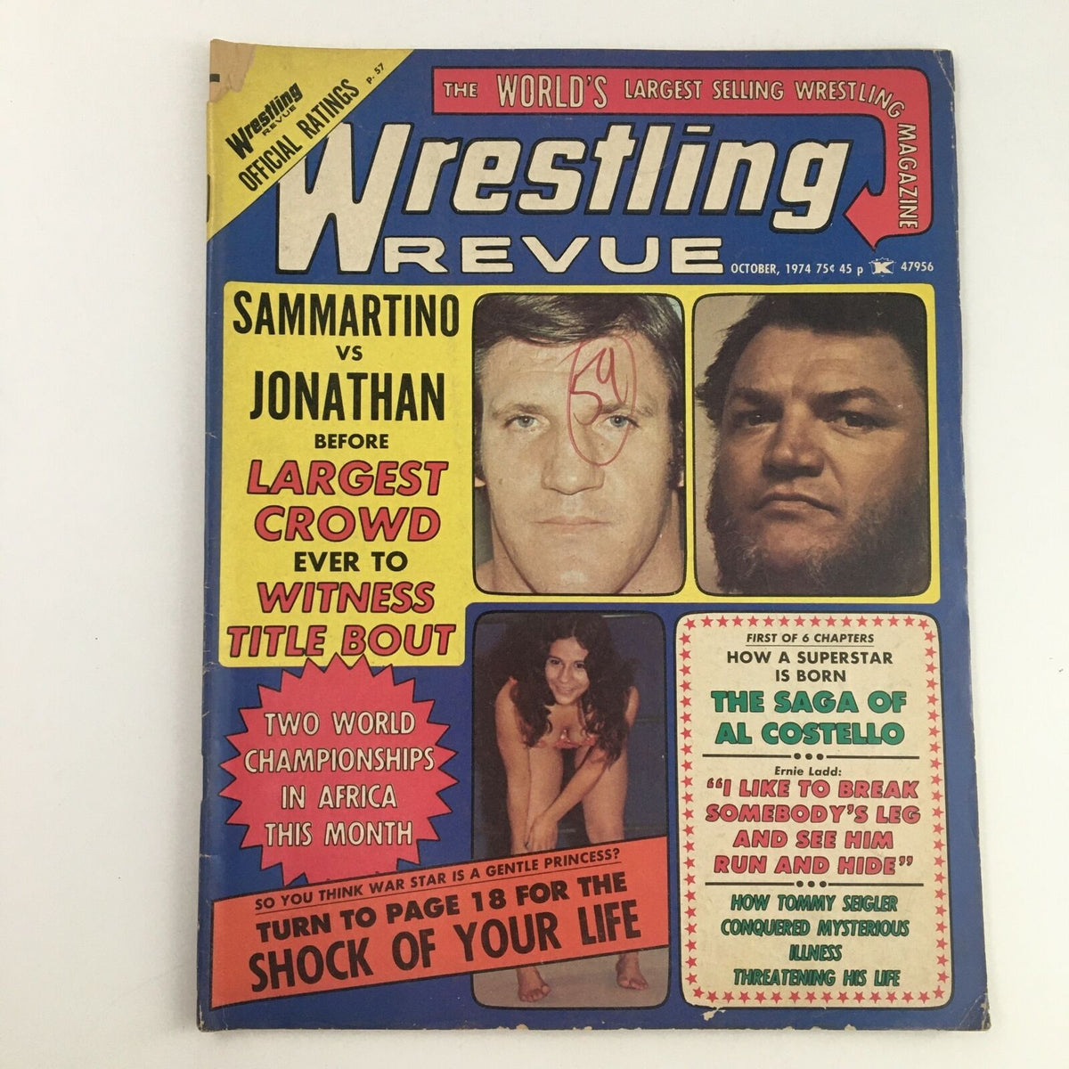 Wrestling Revue Magazine October 1974 cover featuring Bruno Sammartino vs Jonathan. Highlights include large lettering announcing the match and other articles, capturing vintage wrestling history.