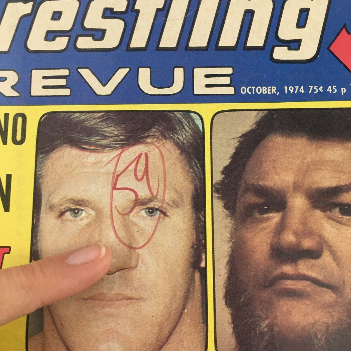 Cover of Wrestling Revue Magazine, October 1974 featuring Bruno Sammartino and Jonathan, highlighting their iconic face-off.