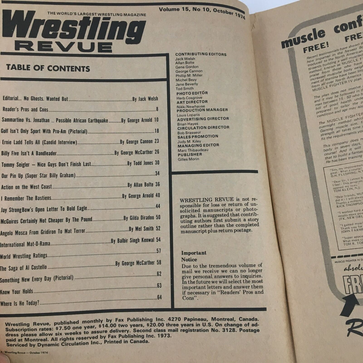 Table of contents page from Wrestling Revue Magazine, October 1974, showcasing various articles and contributors.