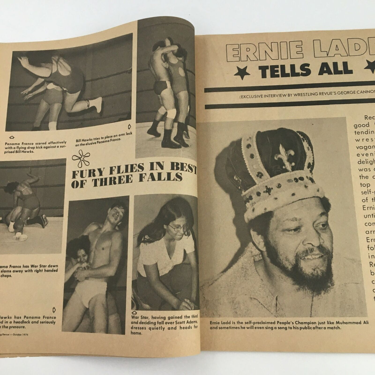 Feature page in Wrestling Revue Magazine, October 1974, detailing an exclusive interview with wrestler Ernie Ladd.