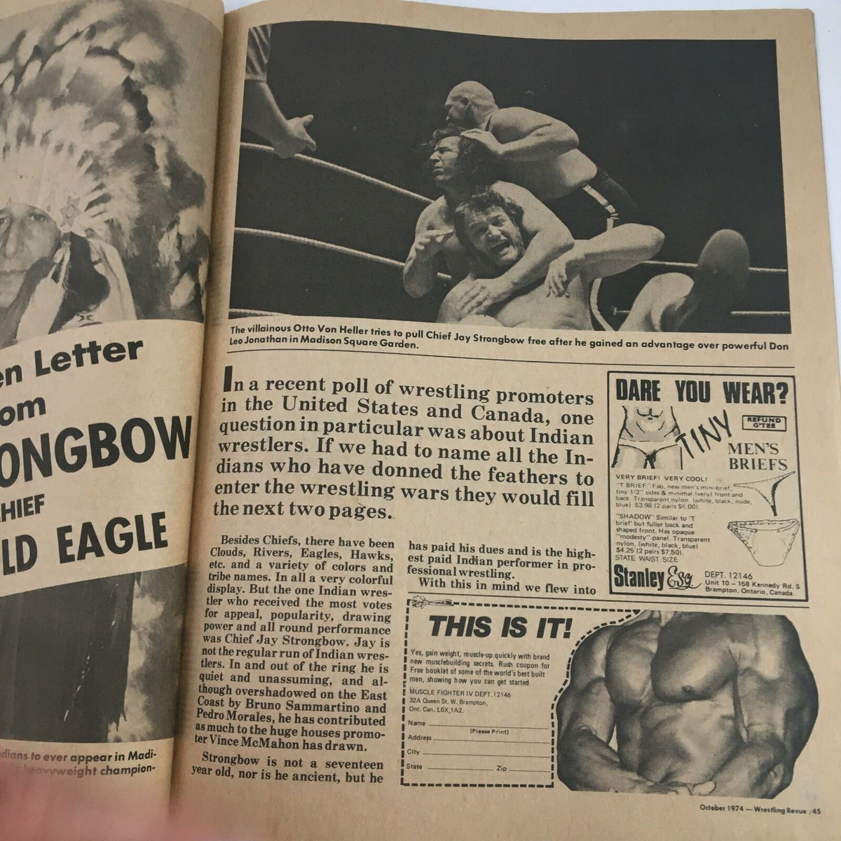 Editorial page from Wrestling Revue Magazine, October 1974, discussing Indian wrestlers and their contributions to professional wrestling.