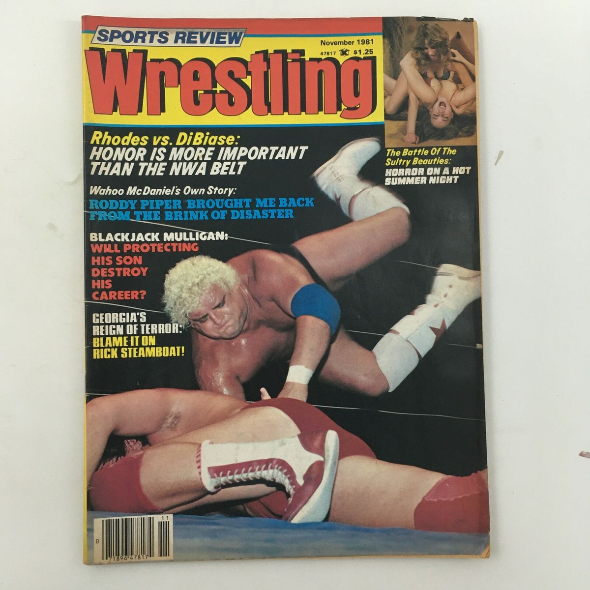 Cover of Sports Review Wrestling Magazine November 1981 featuring Dusty Rhodes vs Ted DiBiase with highlights of wrestling stories and matches of the era.