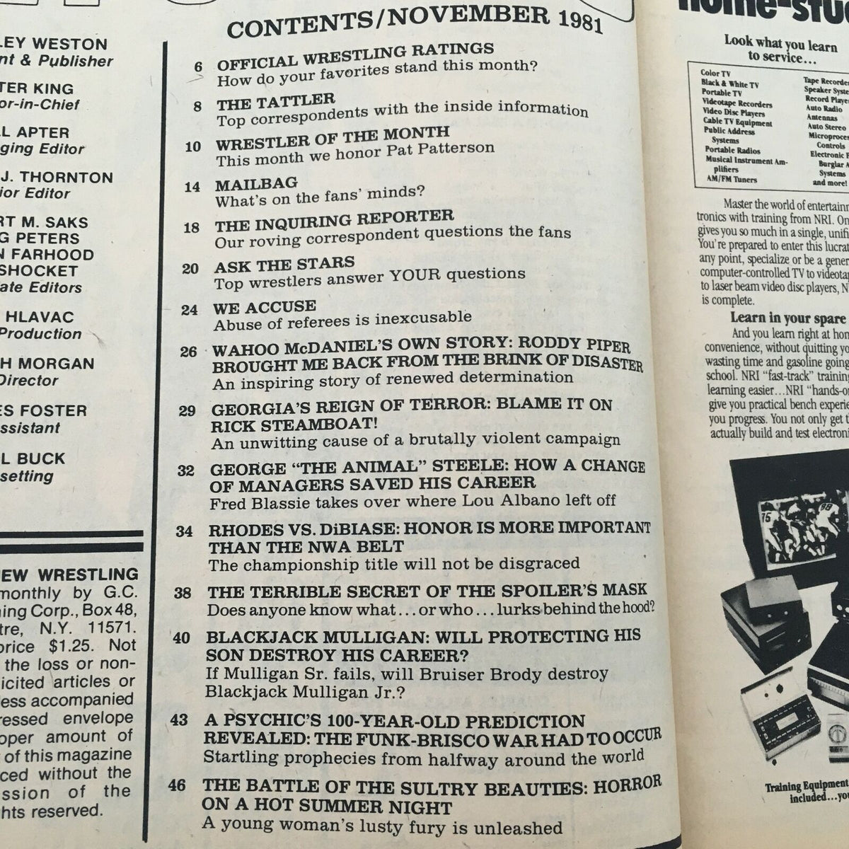 Table of contents from Sports Review Wrestling Magazine, November 1981 showcasing various articles including Dusty Rhodes vs Ted DiBiase.