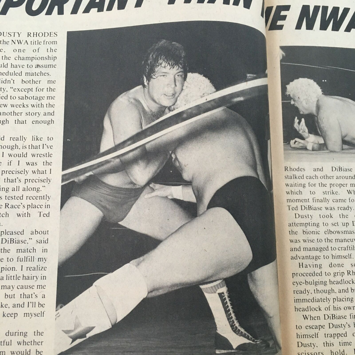Historic black and white image of Dusty Rhodes wrestling Ted DiBiase, featured in Sports Review Wrestling Magazine, November 1981.