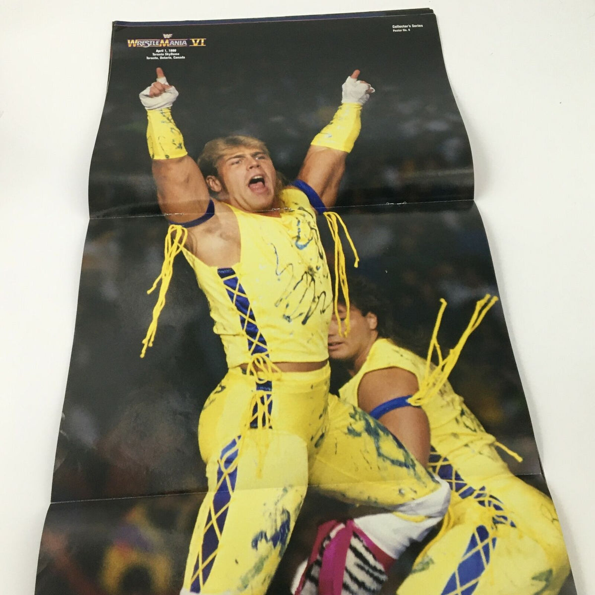 WWE Magazine December 2003, a vibrant poster of a wrestler in colorful attire celebrating at WrestleMania VI.