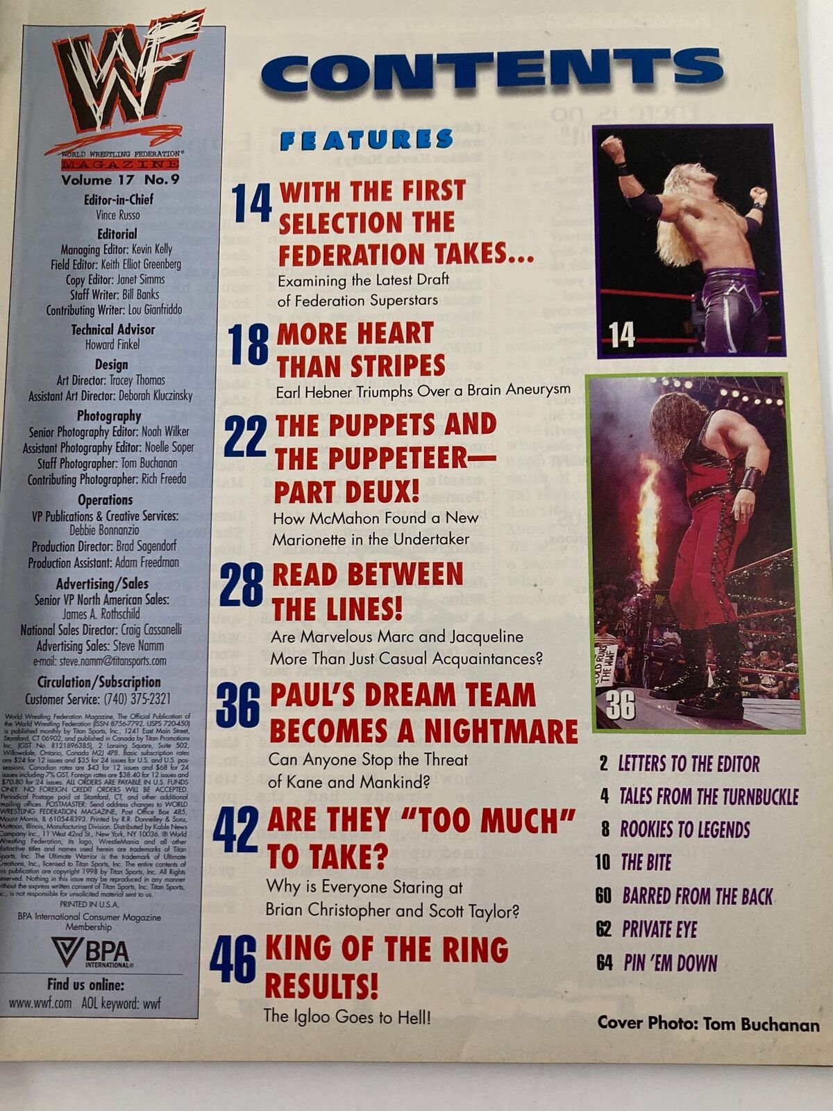 WWF Magazine September 1998 Table of Contents page, Volume 17 #9 detailing featured articles, including 'With the First Selection the Federation Takes...' and 'More Heart Than Stripes'.